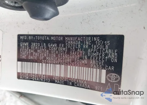 2016 Toyota Corolla Le z USA, uszkodzony, nr VIN 2T1BURHE0GC526551